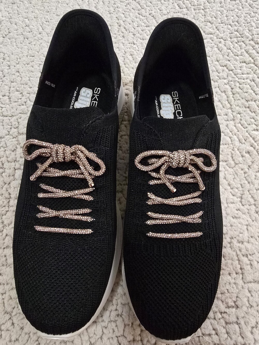 Skechers Women’s Black Knit Slip-On Sneakers with Rose Gold Laces